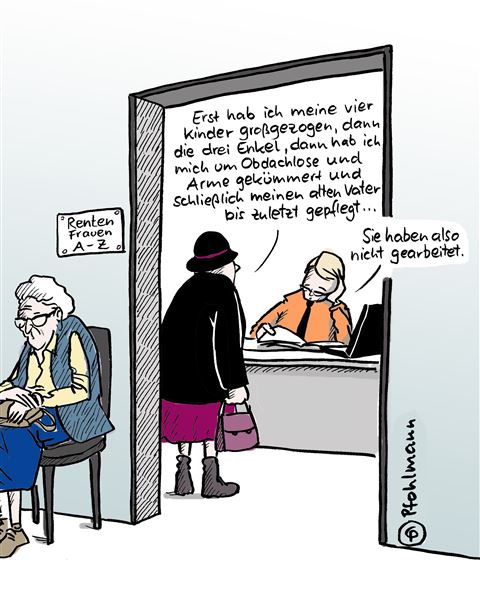 Karikatur Cartoon sw 2013 Deutschland Renten Frauen Gleichstellung Arbeit Rentenversicherung Rentensystem Familie Seniorin Alte Rente Alter Behörde Anspruch Rentenanspruch Altersarmut Armut